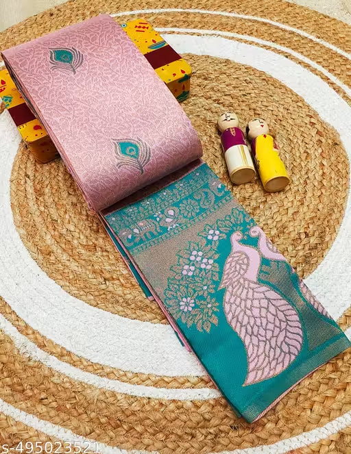 Pastel Pink & Rama Green Jacquard Silk Saree – Royal Peacock Pallu Traditional Saree with Blouse Piece