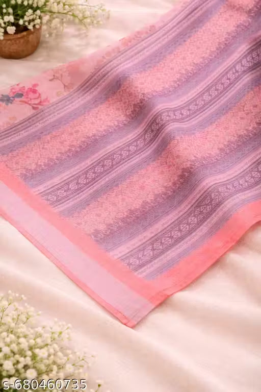 Premium Pure Linen Cotton Saree – Baby Pink Watercolor Floral & Lavender Striped Digital Print Saree with Blouse Piece
