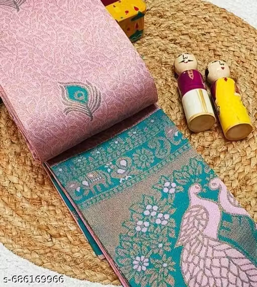 Pastel Pink & Rama Green Jacquard Silk Saree – Royal Peacock Pallu Traditional Saree with Blouse Piece