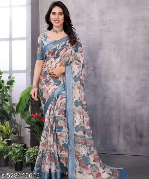 Pure Linen Cotton Kalamkari-Style Floral Saree with Slate Blue Zari Border