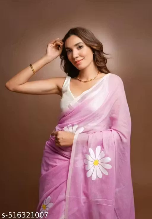Linen Blend Floral Daisy Saree