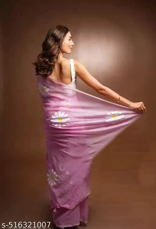 Women's Linen Blend Saree | Elegant Floral Daisy Hand-Painted Style Casual & Festive Sari with Unstitched Blouse Piece | Lightweight Daily Wear (Light Pink)