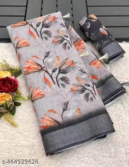 Premium Pure Linen Cotton Saree – Elegant Silver Grey & Peach Botanical Floral Digital Print Saree with Blouse Piece
