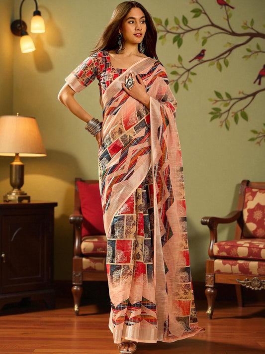 Premium Pure Linen Cotton Geometric Print Saree