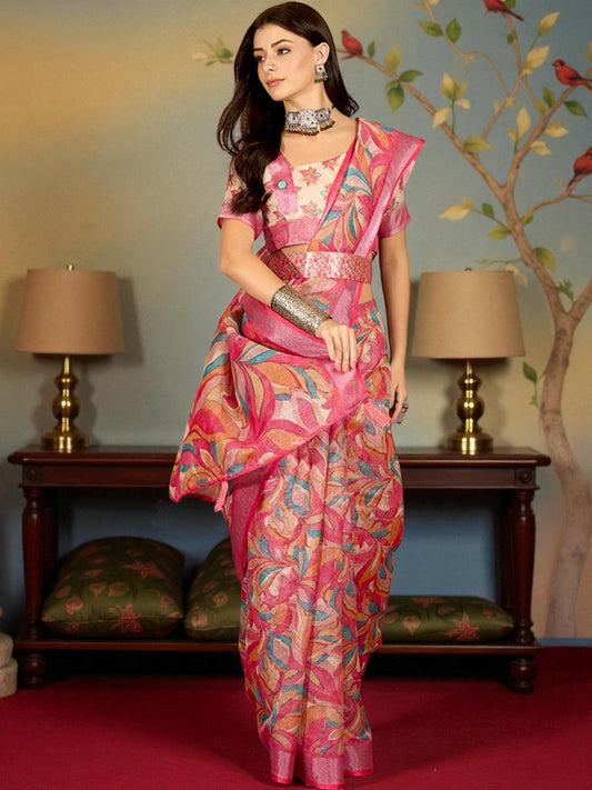 Premium Pure Linen Cotton Abstract Print Saree