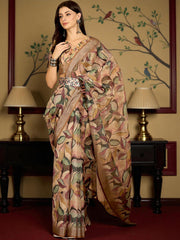 Premium Pure Linen Cotton Saree – Earthy Abstract Foliage Digital Print Casual Festive Saree with Blouse Piece