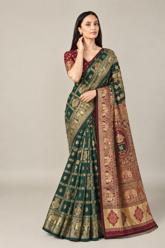 Emerald Green Maroon Jacquard Silk Saree