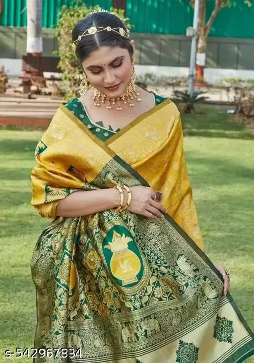 Golden Yellow & Bottle Green Jacquard Silk Saree – Traditional Kalash & Elephant Motif Pallu Festive Saree with Blouse Piece
