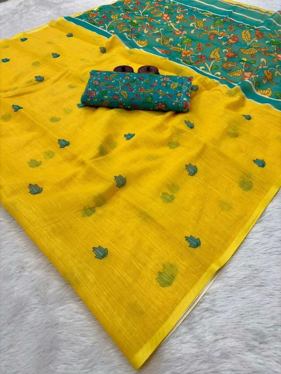 Pure Linen Cotton Kalamkari Pallu Saree – Sun Yellow & Teal Green