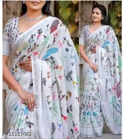 Pure Linen Cotton Warli Tribal Art Saree with Silver Zari Border – Ivory White & Multicolor