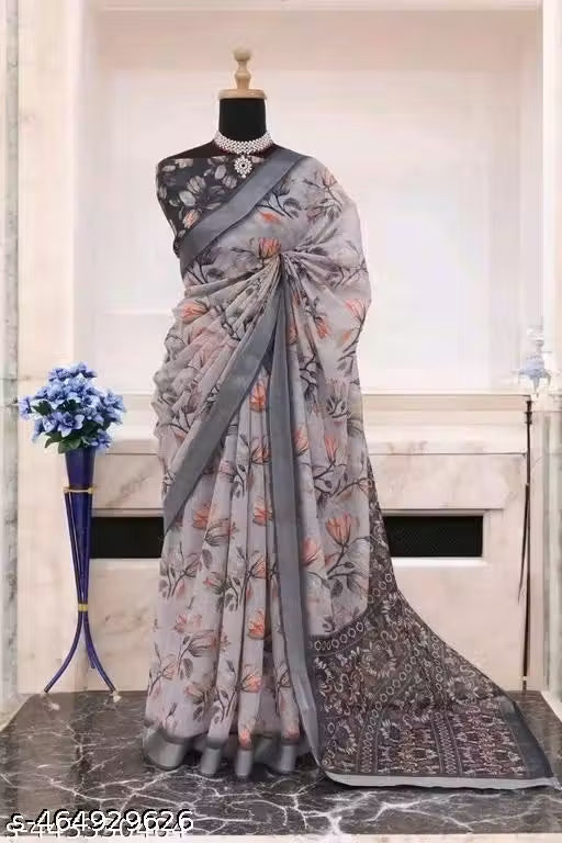 Premium Pure Linen Cotton Botanical Floral Saree
