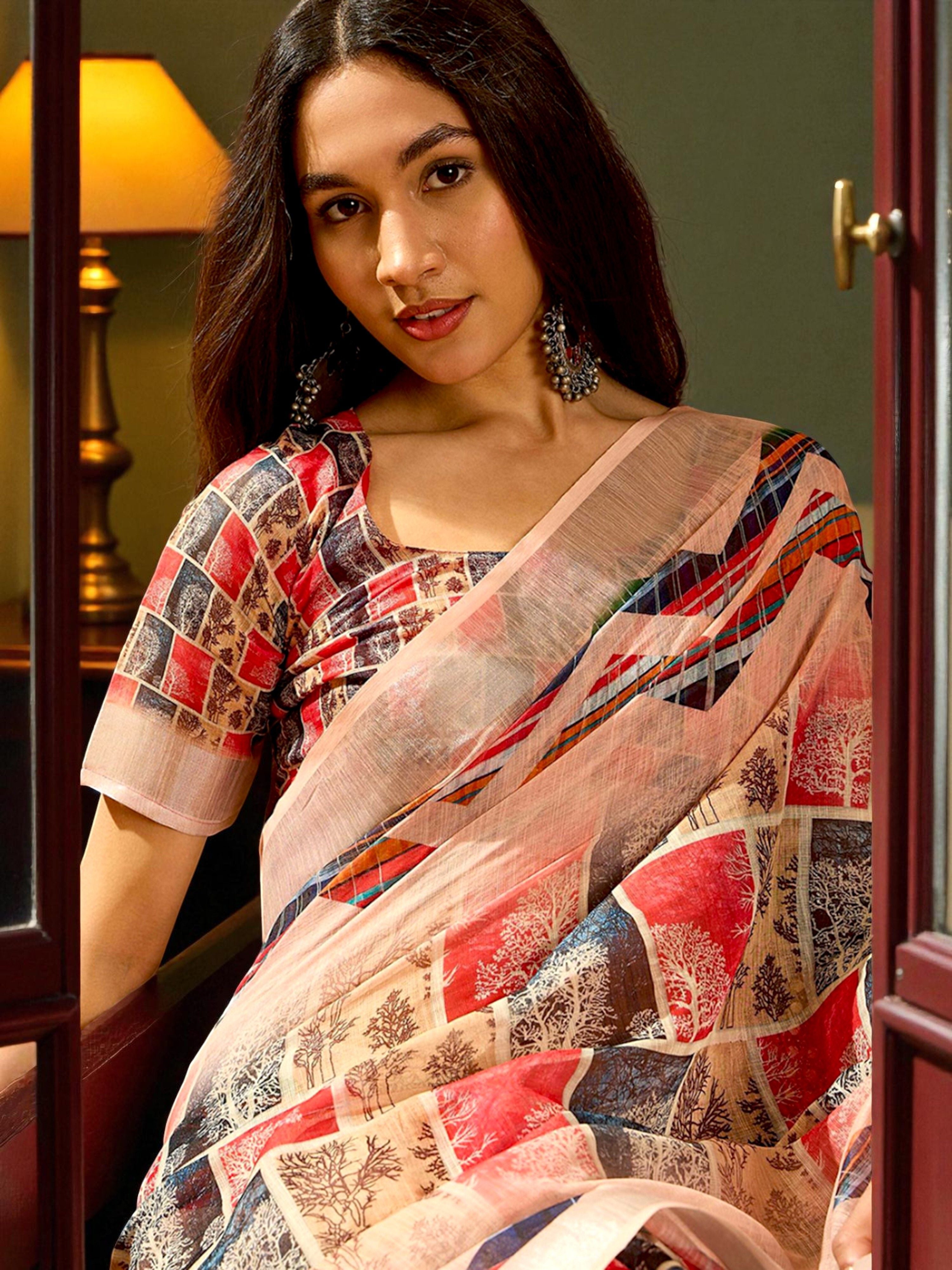 Premium Pure Linen Cotton Saree – Peach & Multi-Color Geometric Chevron & Tree Motif Digital Print Saree with Blouse Piece