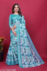 Premium Pure Linen Cotton Saree – Seafoam Aqua & Turquoise Watercolor Floral Digital Print Saree with Blouse Piece