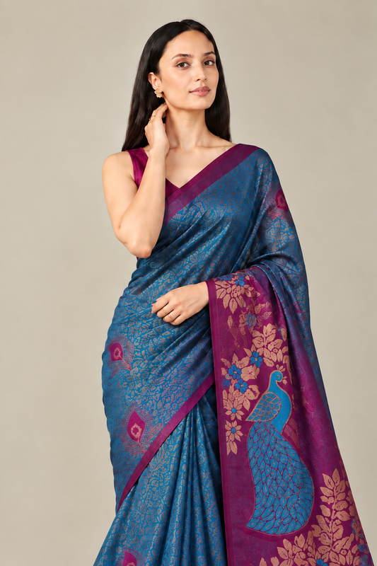Royal Blue Wine Jacquard Silk Peacock Saree