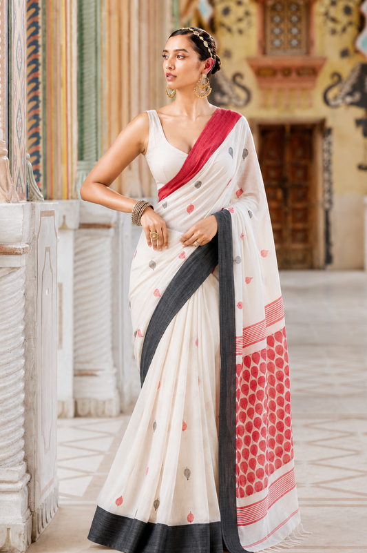 Pure Linen Cotton Geometric Motif Saree