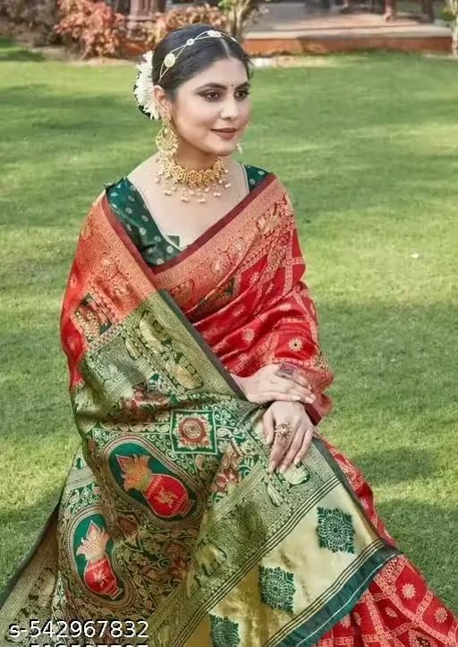 Red Green Jacquard Silk Elephant Motif Saree