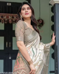Premium Pure Linen Cotton Saree – Ivory Cream & Olive Grey Minimalist Chevron Pattern Saree with Blouse Piece