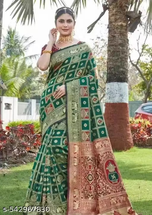 Emerald Green Maroon Jacquard Silk Saree
