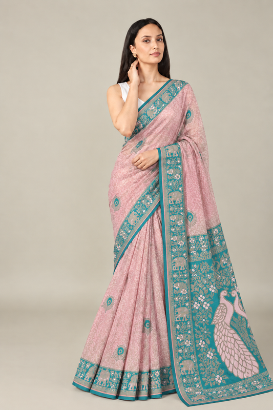 Pastel Pink Green Jacquard Silk Peacock Saree