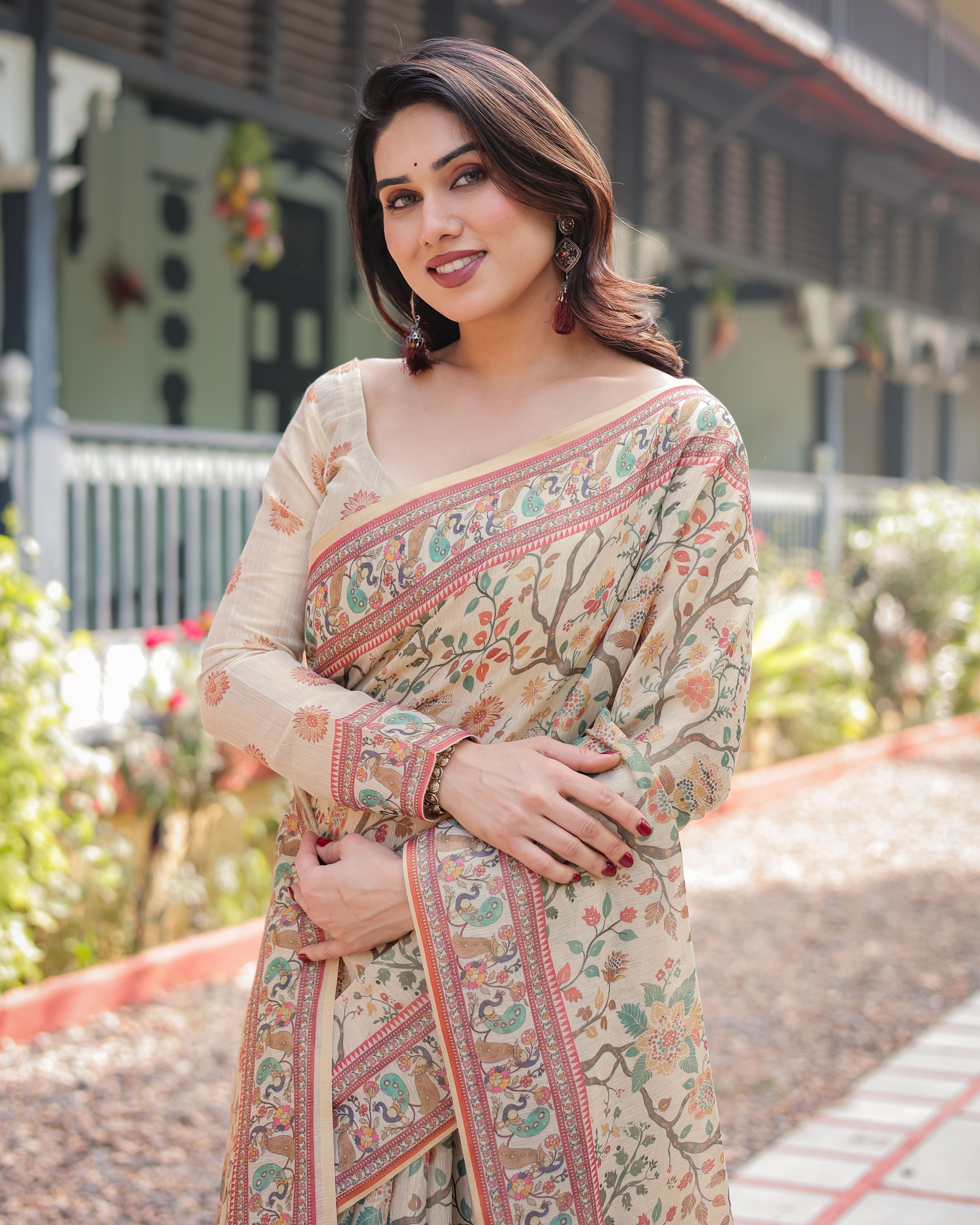 Pure Linen Cotton Pen-Kalamkari Style Saree with Terracotta Zari Border – Soft Beige & Pastel Multi