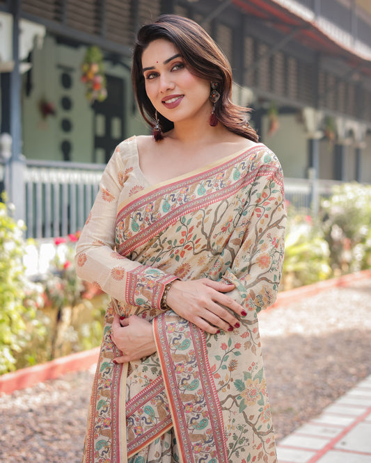 Pure Linen Cotton Kalamkari Style Saree with Zari Border
