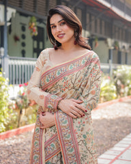 Pure Linen Cotton Pen-Kalamkari Style Saree with Terracotta Zari Border – Soft Beige & Pastel Multi