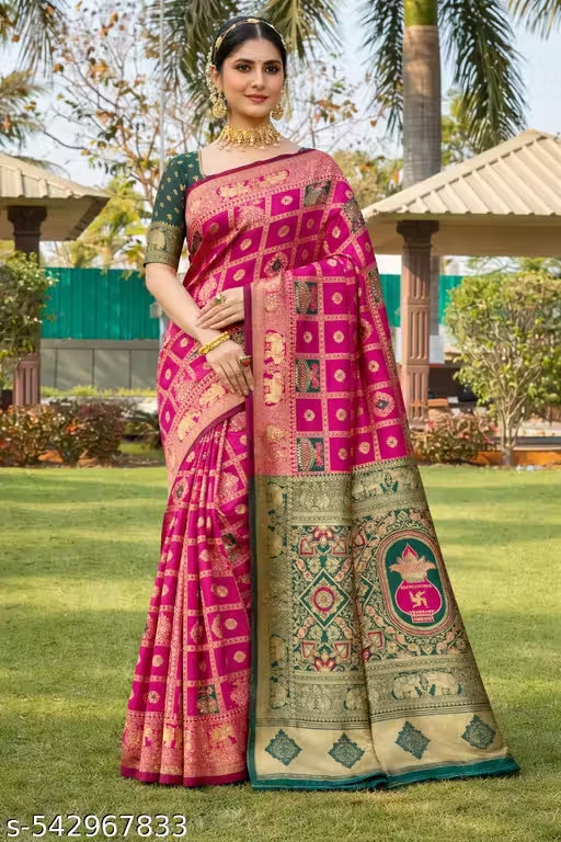 Rani Pink Green Jacquard Silk Elephant Saree