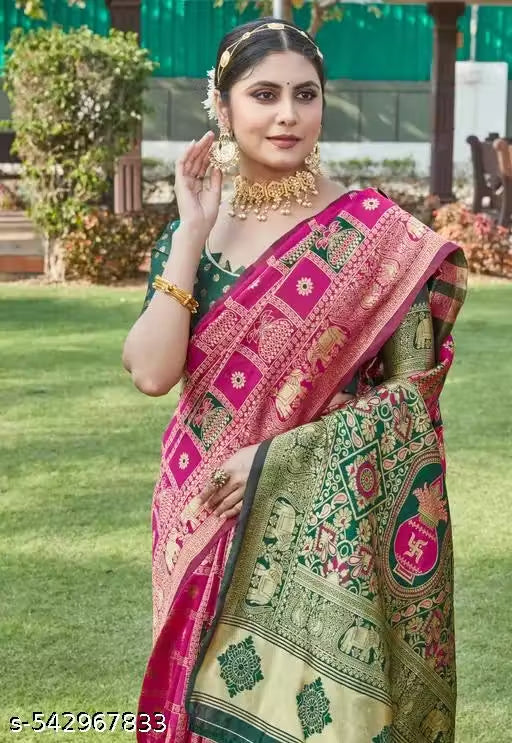 Rani Pink Green Jacquard Silk Elephant Saree