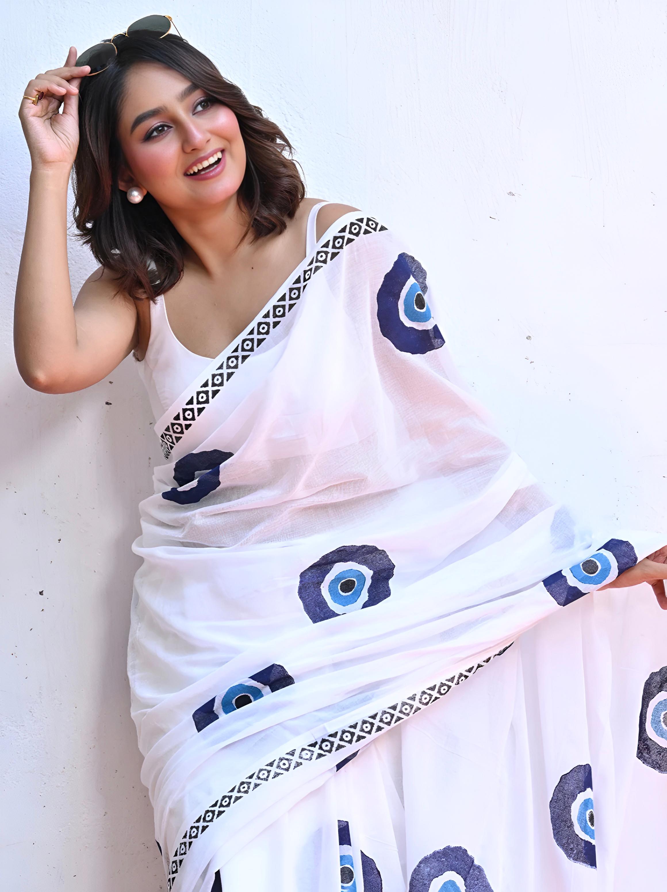 Women's Premium Pure Linen Cotton Saree | Quirky Evil Eye Block Printed Casual Sari with Chevron Geometric Pallu & Unstitched Blouse Piece | Luxury Lightweight Summer & Daily Wear (Pristine White & Indigo Blue)