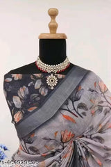 Premium Pure Linen Cotton Saree – Elegant Silver Grey & Peach Botanical Floral Digital Print Saree with Blouse Piece