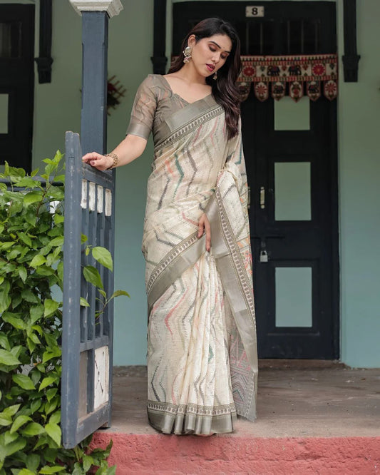 Ivory Olive Grey Linen Cotton Chevron Saree