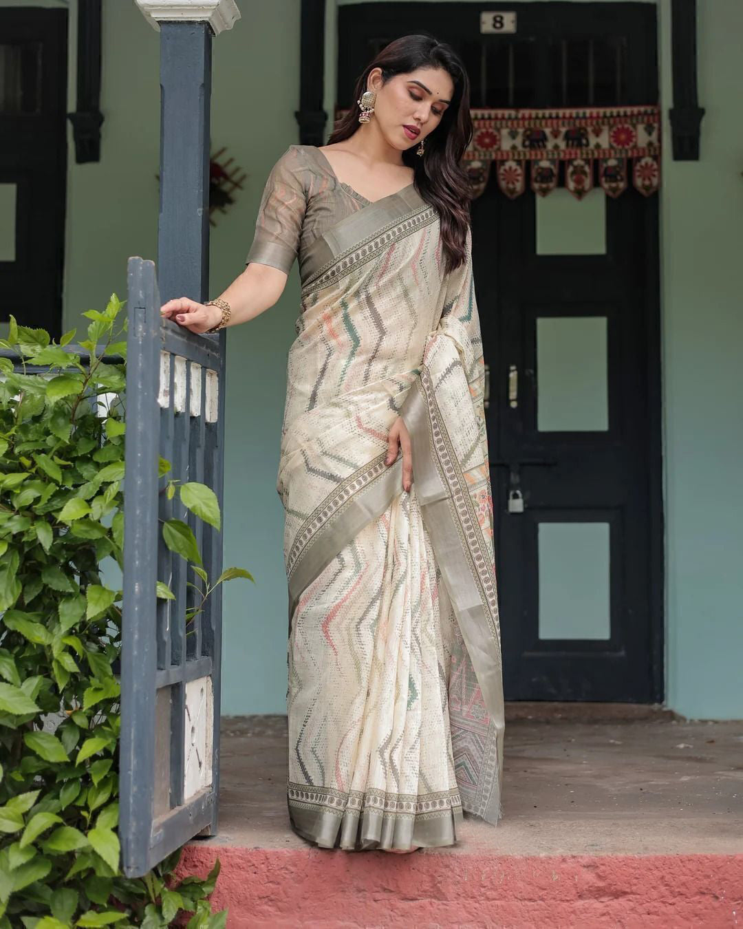 Premium Pure Linen Cotton Saree – Ivory Cream & Olive Grey Geometric Chevron Minimalist Saree with Blouse Piece