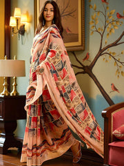 Premium Pure Linen Cotton Saree – Peach & Multi-Color Geometric Chevron & Tree Motif Digital Print Saree with Blouse Piece