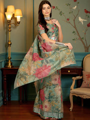 Premium Pure Linen Cotton Saree – Pastel Sage Green & Blush Pink Vintage Floral Digital Print Saree with Blouse Piece