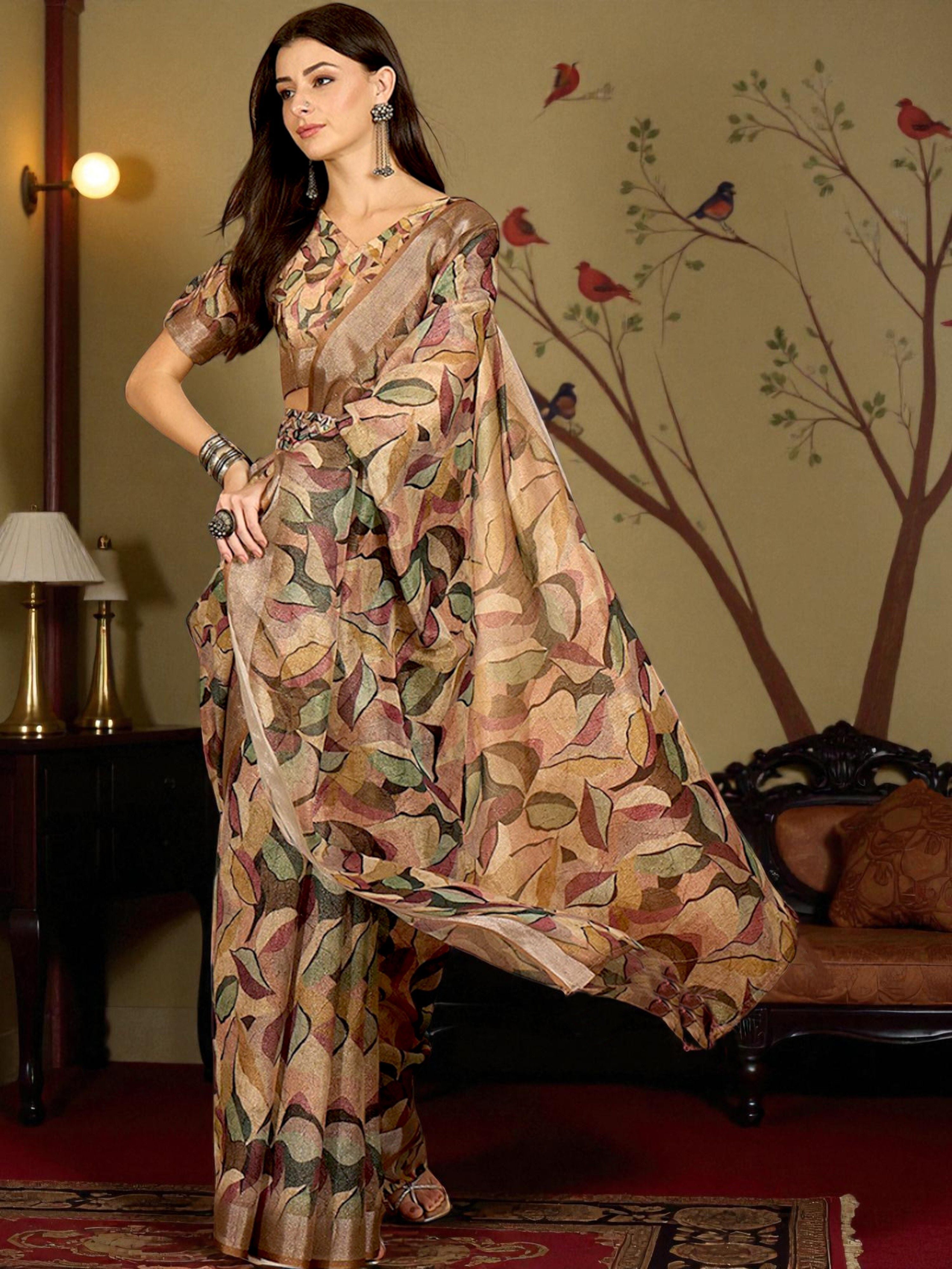 Premium Pure Linen Cotton Saree – Earthy Abstract Foliage Digital Print Casual Festive Saree with Blouse Piece