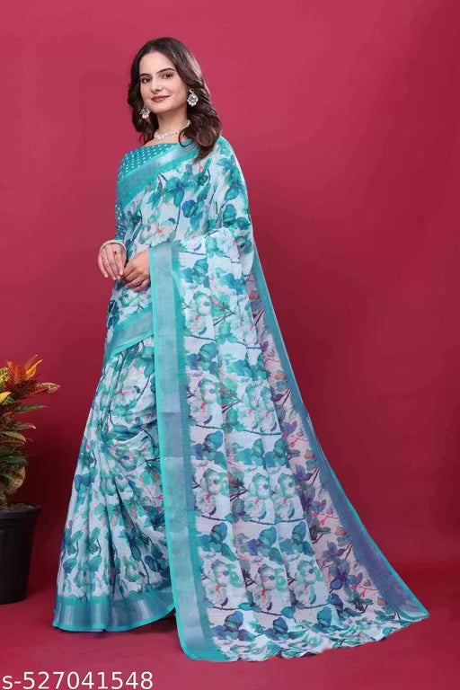Premium Pure Linen Cotton Floral Print Saree