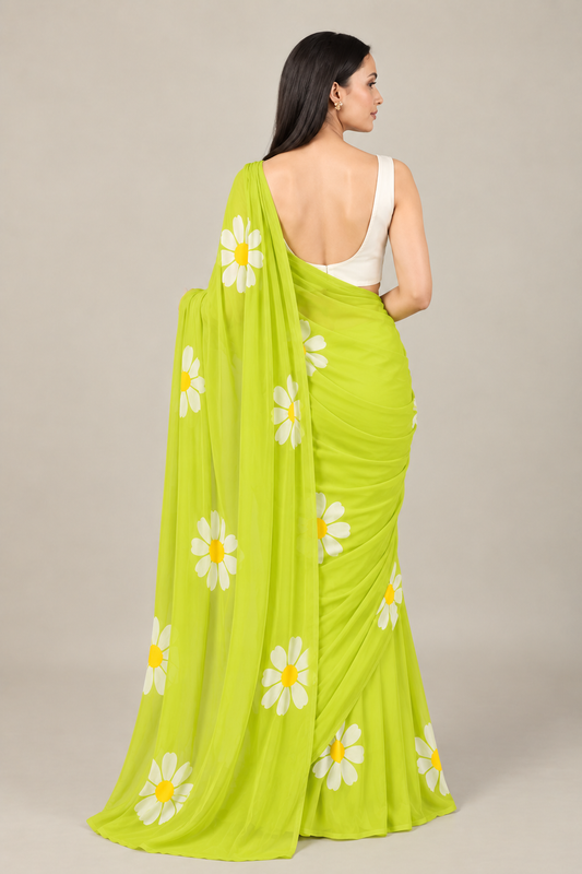 Elegant Green Floral Hand Painted Saree