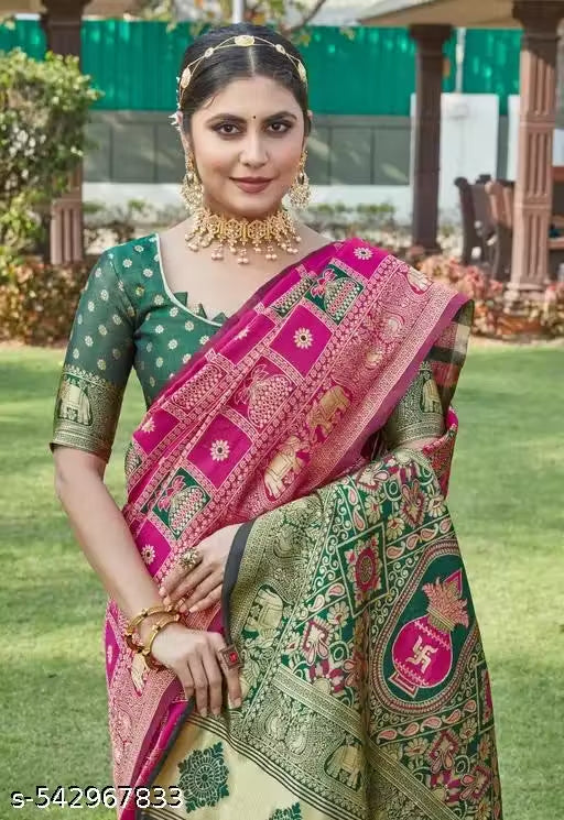 Festive Rani Pink & Bottle Green Jacquard Silk Saree – Traditional Kalash & Elephant Motif Pallu Saree with Blouse Piece