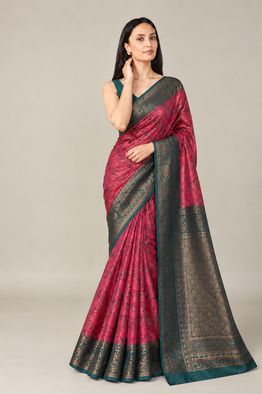 Deep Pink Teal Jacquard Silk Saree with Zari Pallu