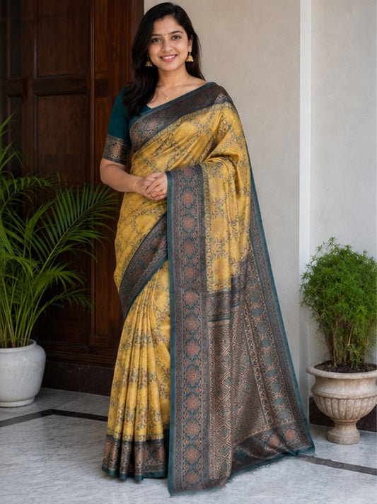 Mustard Teal Jacquard Silk Saree with Zari Border