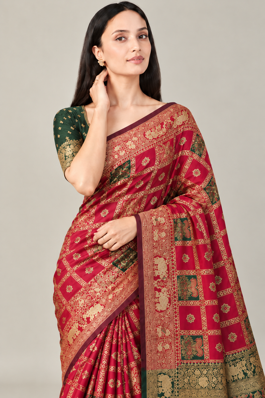 Red Green Jacquard Silk Elephant Motif Saree