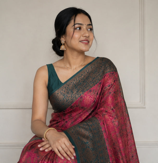 Heritage Deep Pink & Dark Teal Jacquard Silk Saree – Antique Zari Geometric Pallu Traditional Saree with Blouse Piece