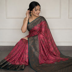 Heritage Deep Pink & Dark Teal Jacquard Silk Saree – Antique Zari Geometric Pallu Traditional Saree with Blouse Piece