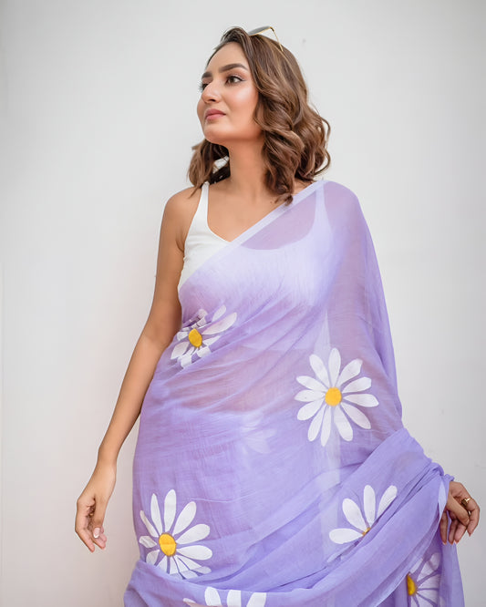 Cotton Linen Blend Lavender Floral Saree