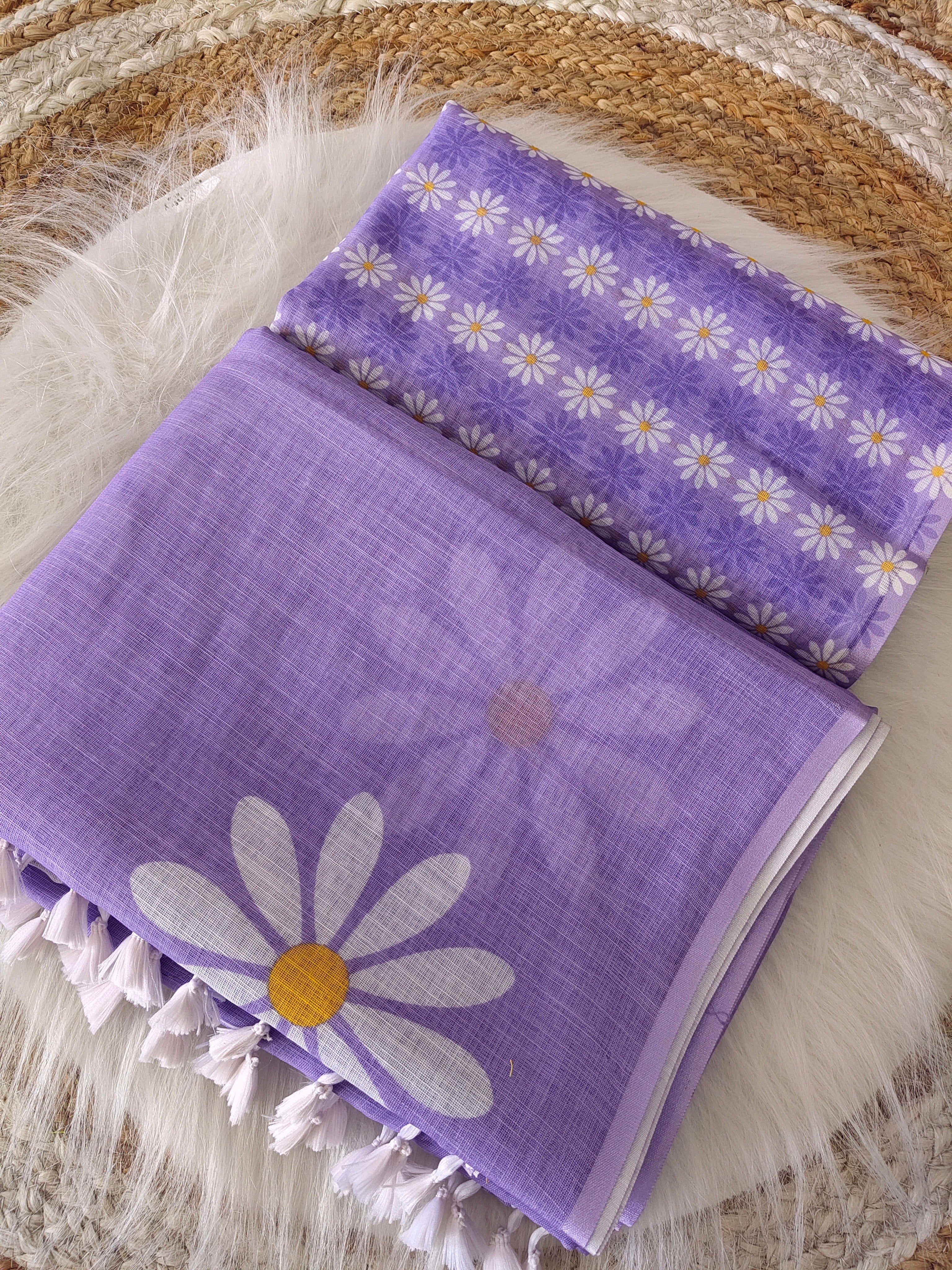 Women's Cotton Linen Blend Saree | Elegant Lavender Floral Daisy Hand-Painted Style Casual & Festive Sari with Unstitched Blouse Piece | Lightweight Party & Daily Wear (Light Purple)