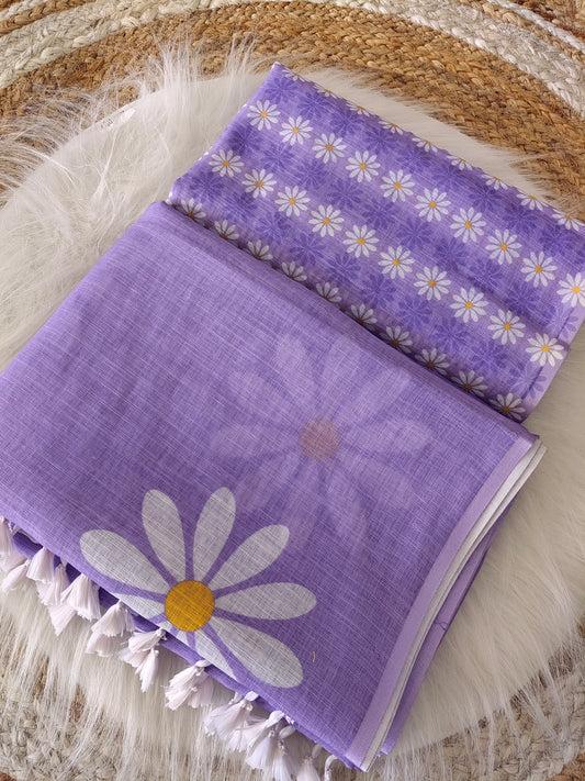 Cotton Linen Blend Lavender Floral Saree