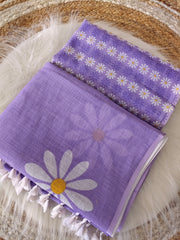 Women's Cotton Linen Blend Saree | Elegant Lavender Floral Daisy Hand-Painted Style Casual & Festive Sari with Unstitched Blouse Piece | Lightweight Party & Daily Wear (Light Purple)