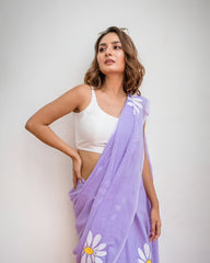 Cotton Linen Blend Lavender Floral Saree