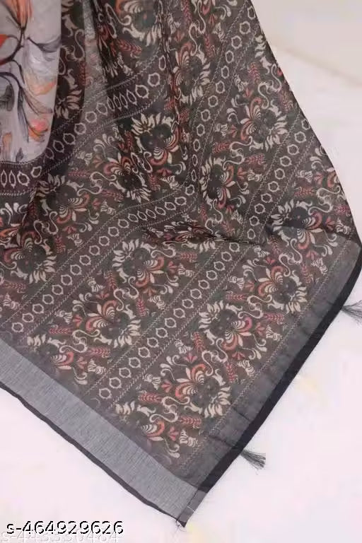 Premium Pure Linen Cotton Saree – Elegant Charcoal Grey & Blush Pink Retro Floral Digital Print Saree with Blouse Piece