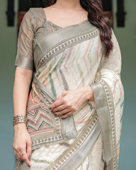 Premium Pure Linen Cotton Saree – Ivory Cream & Olive Grey Geometric Chevron Minimalist Saree with Blouse Piece